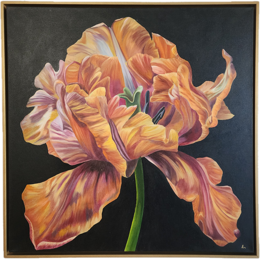 “Bold Floral Elegance – Original oil painting of flowers on black background, 36x36 inches framed.”