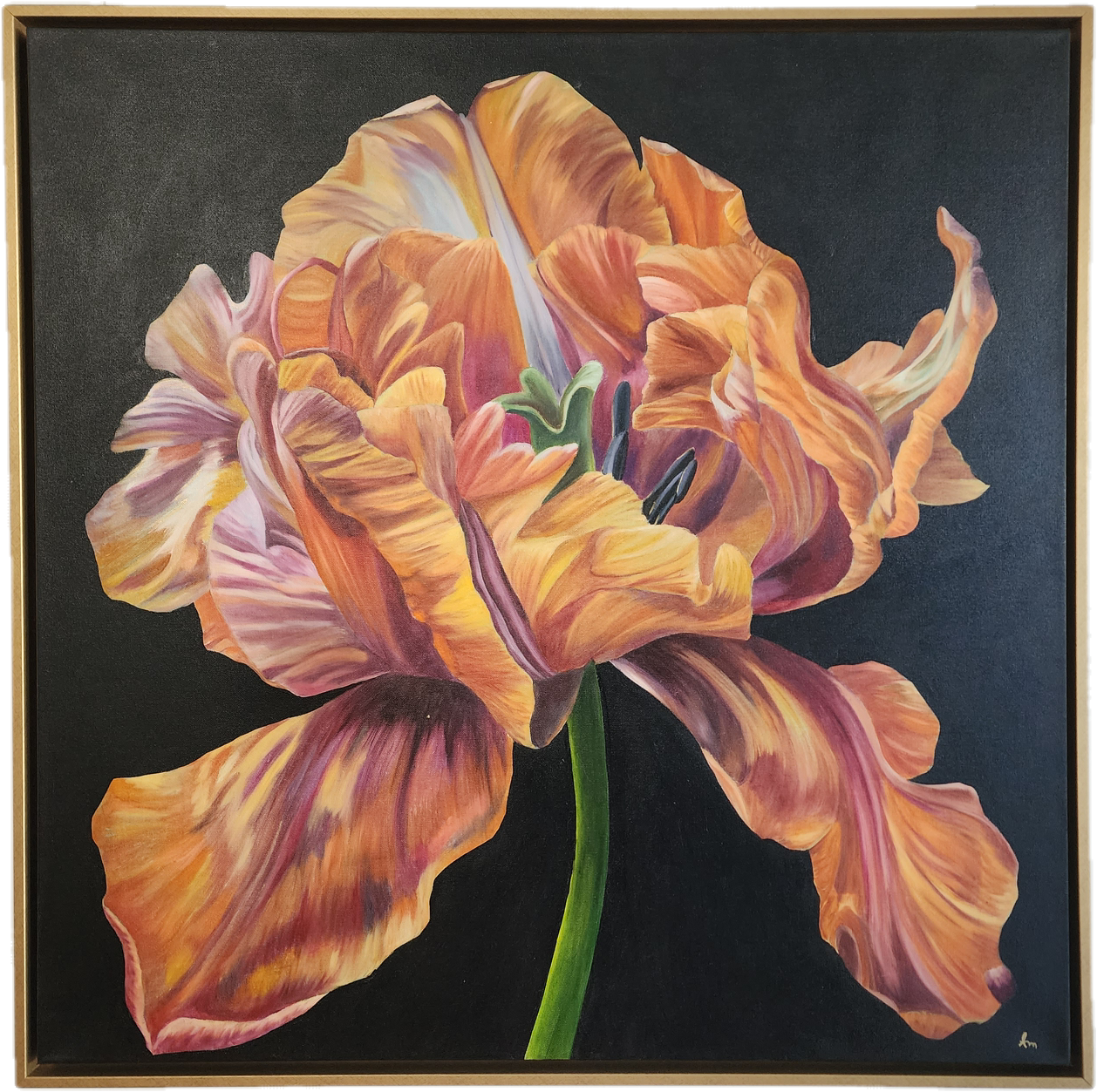 “Bold Floral Elegance – Original oil painting of flowers on black background, 36x36 inches framed.”