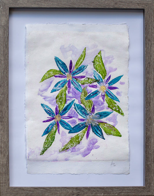 Mono Print Blue Purple Flowers