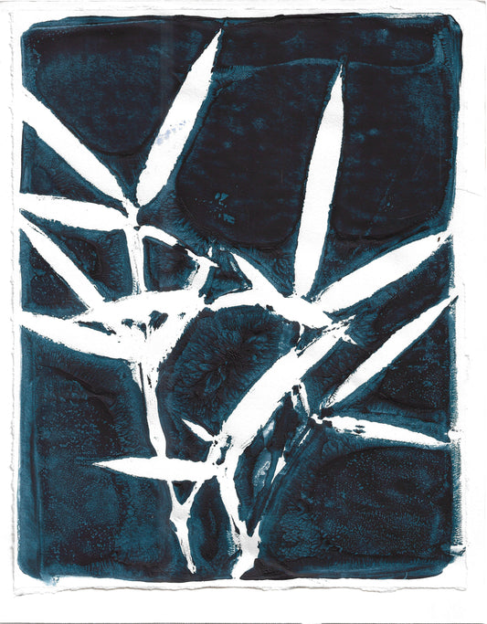 Abstract art piece with white brush strokes on a dark blue background